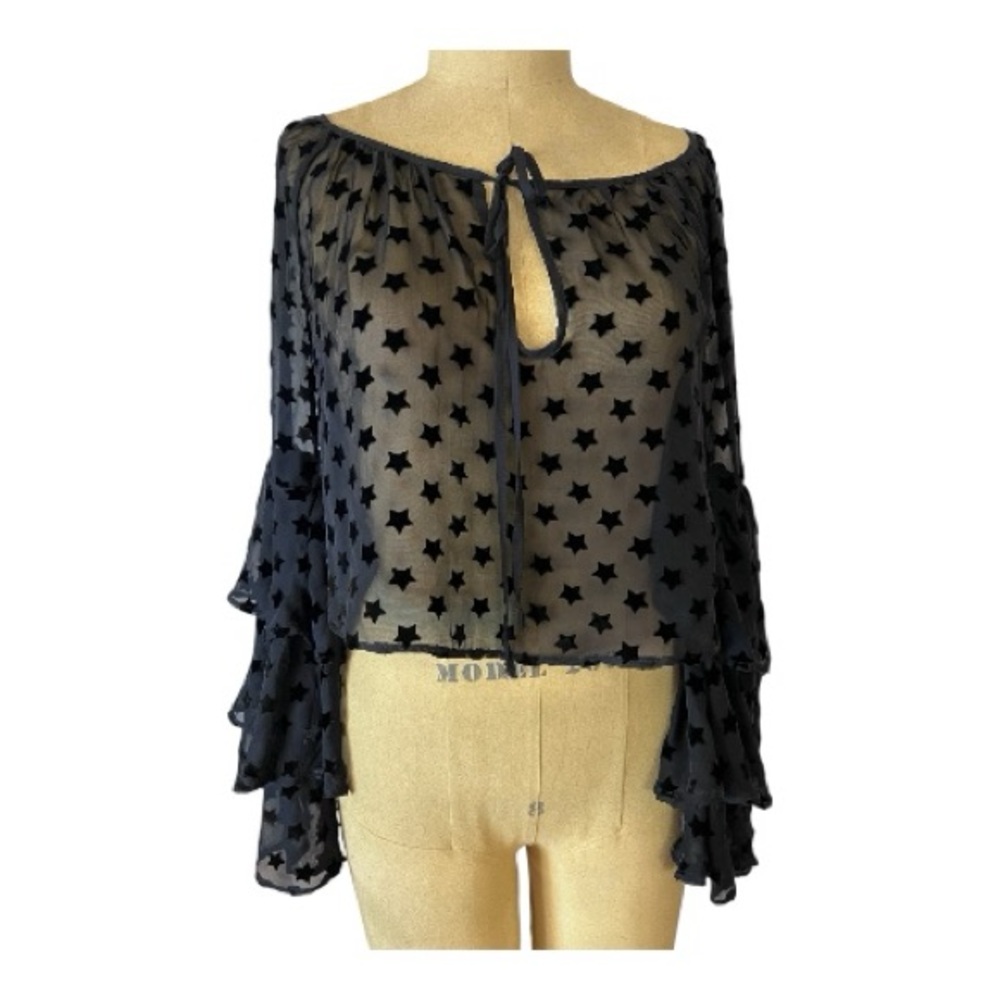 Stone Cold Fox Silk/Rayon Sheer Burnout Velvet  Black Star Patterned Women's Top